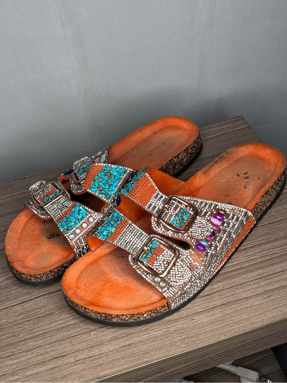 GUC Embellished Orange Slide Sandals with Turquoise Accents size 11/43